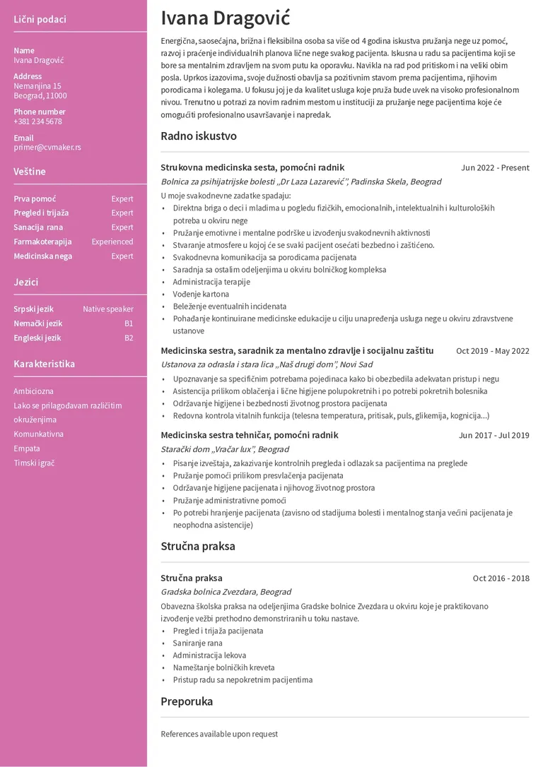Primer CV-ja za medicinksu sestru