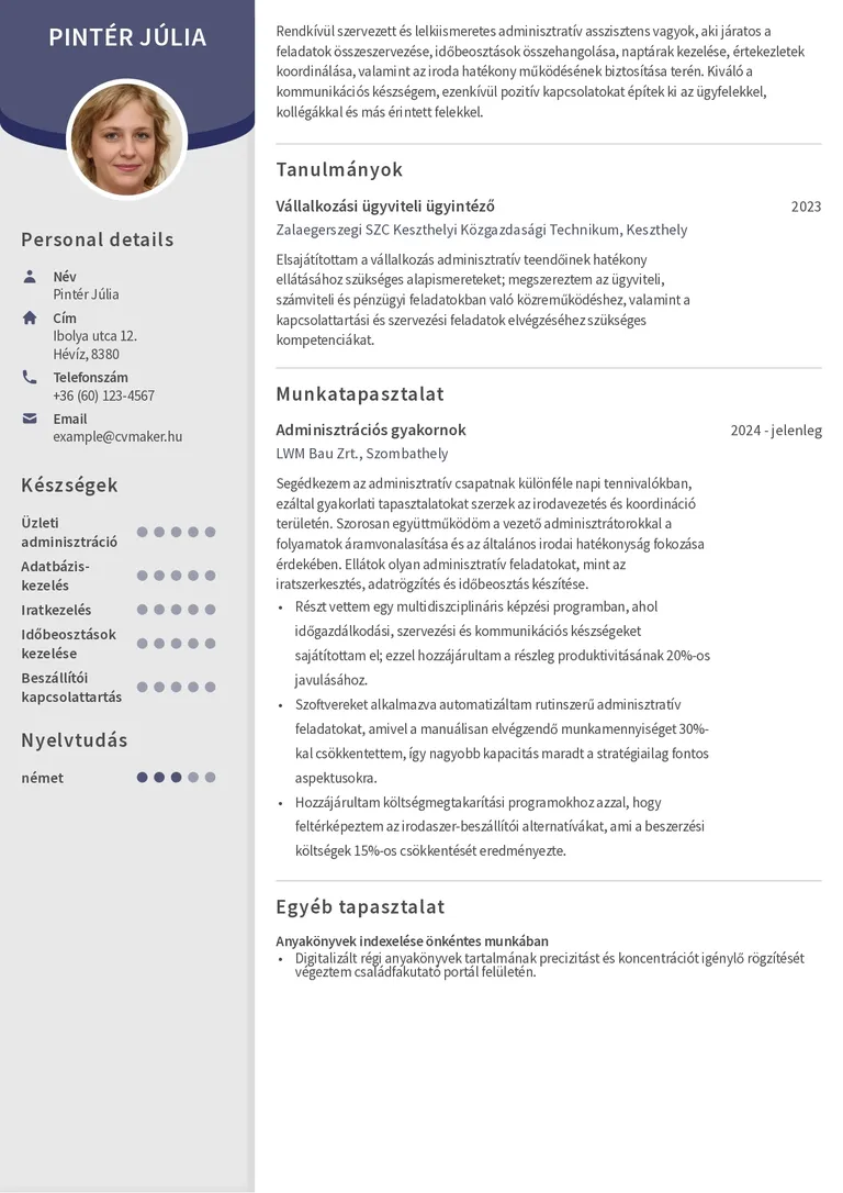 Pályakezdő önéletrajz minta – adminisztrátor