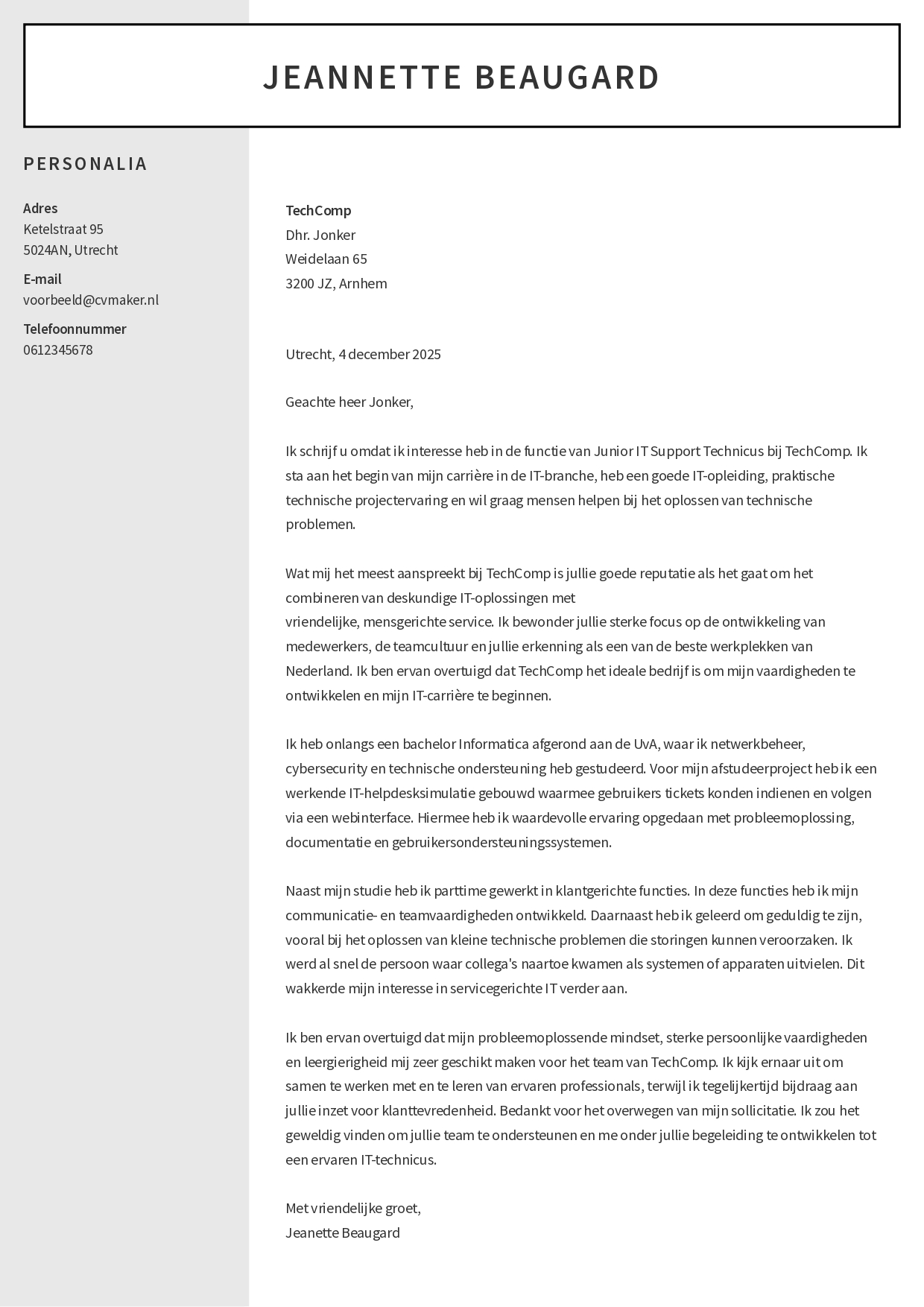 IT sollicitatiebrief voorbeeld zonder ervaring