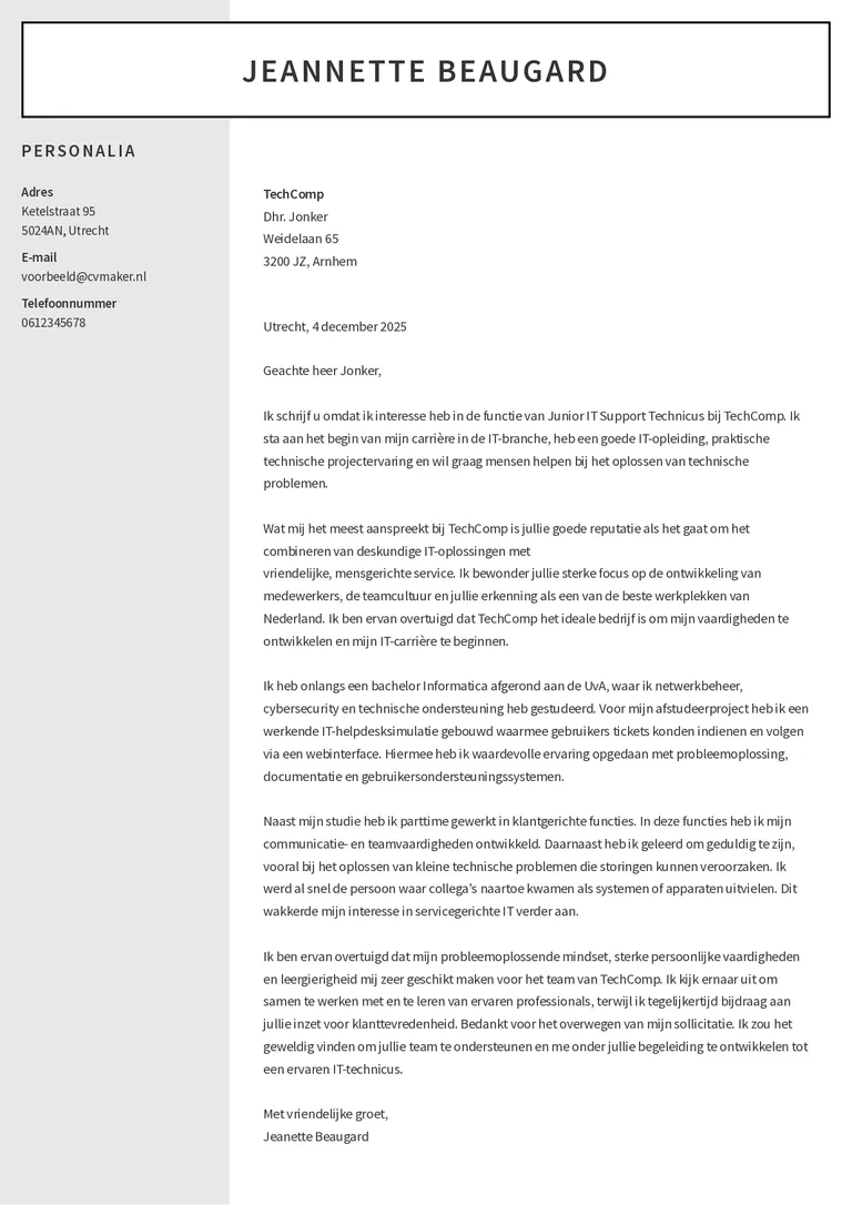 IT sollicitatiebrief voorbeeld zonder ervaring