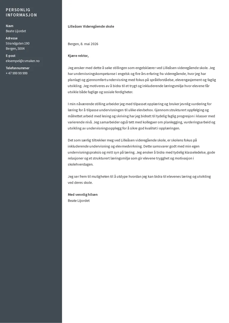 Lærer soknadsbrev eksempel