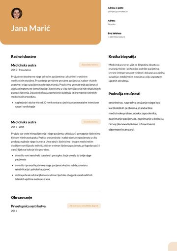 Primjer životopisa za medicinsku sestru