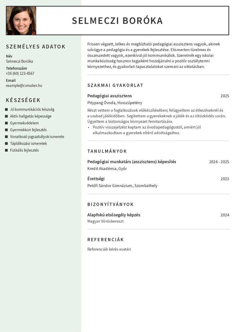 Pedagógiai asszisztens önéletrajzminta tapasztalat nélkül