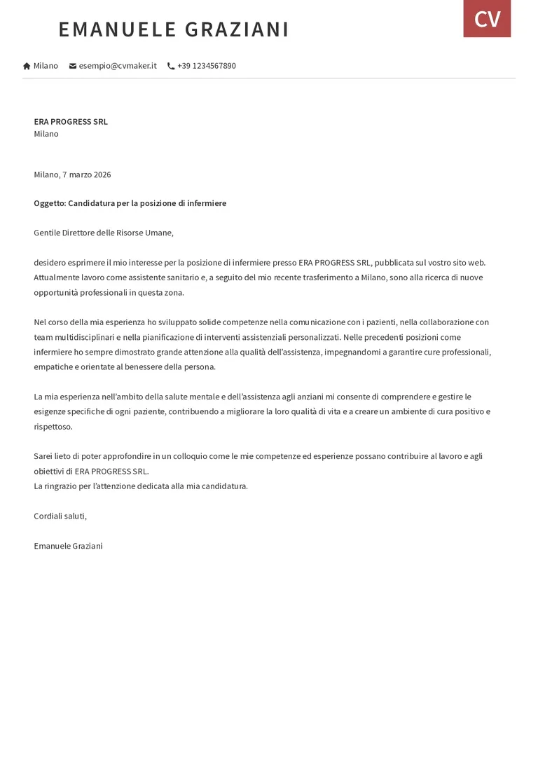 Esempio di lettera di presentazione per infermiere