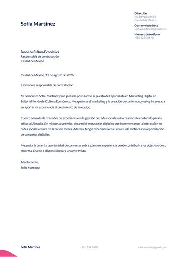 Ejemplo de carta de presentación corta