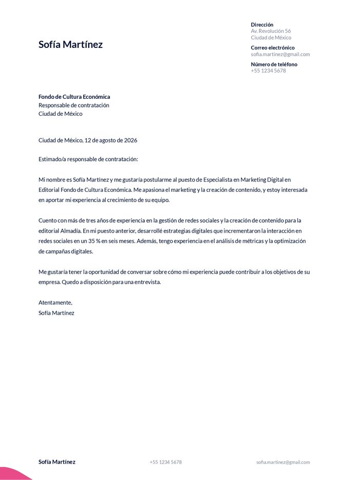 Ejemplo de carta de presentación corta
