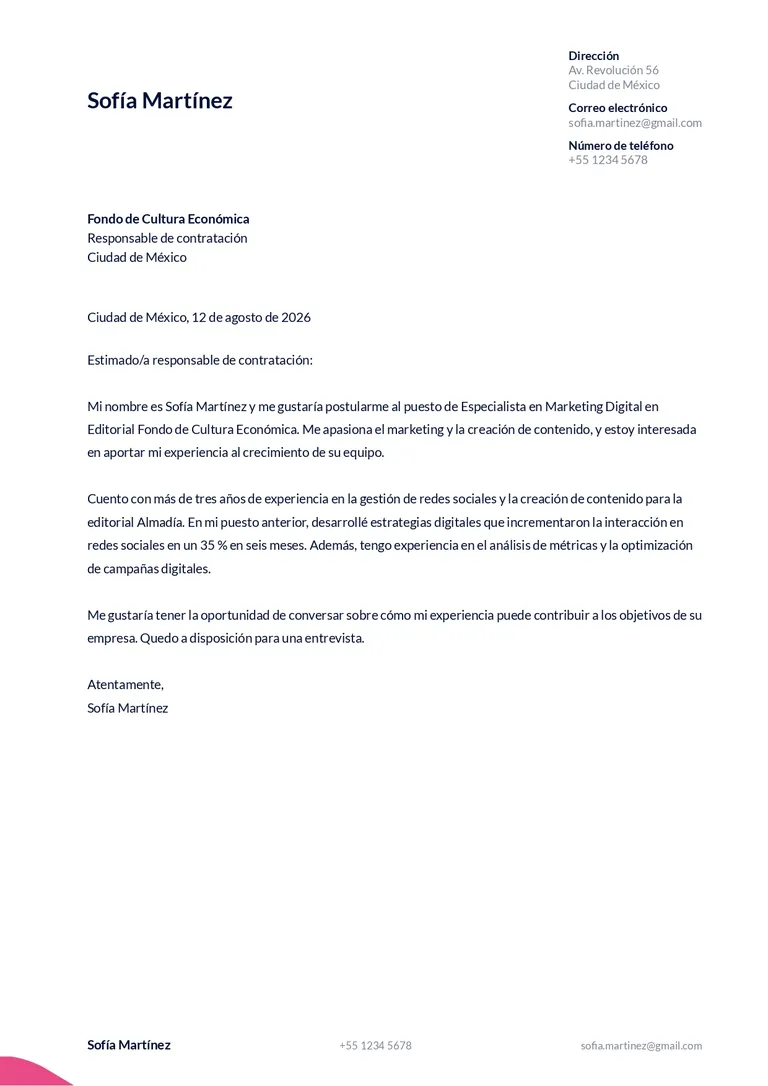 Ejemplo de carta de presentación corta