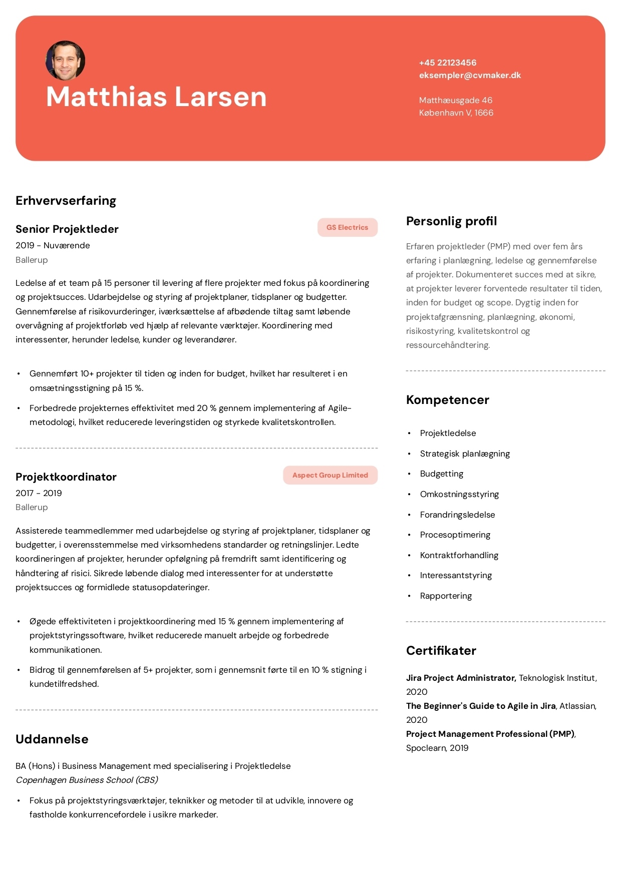 Eksempel på ét-sides CV-skabelon