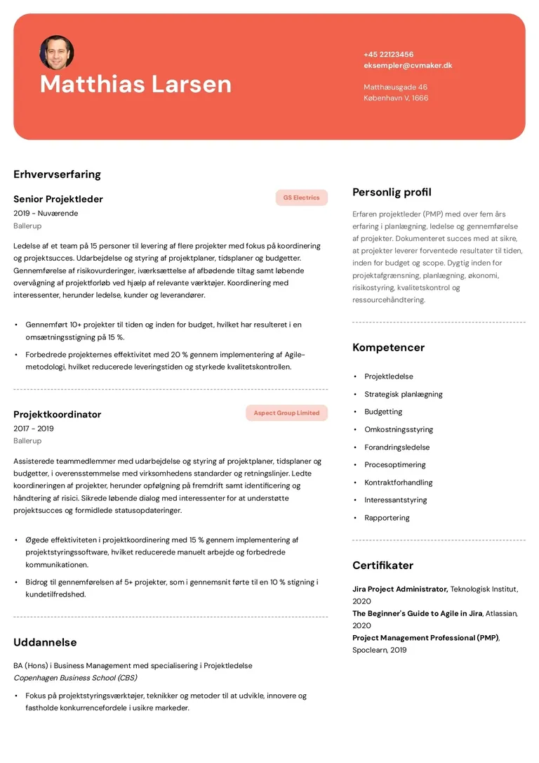 Eksempel på ét-sides CV-skabelon