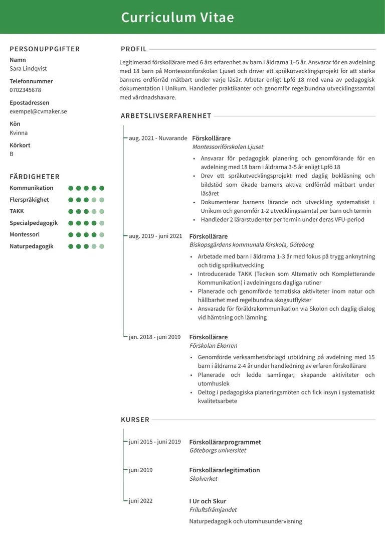 Exempel på förskollärar-CV