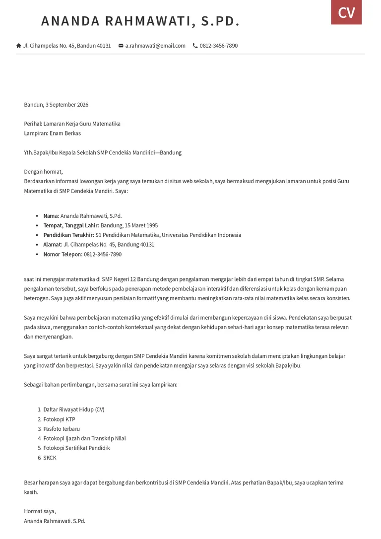 Contoh surat lamaran kerja guru