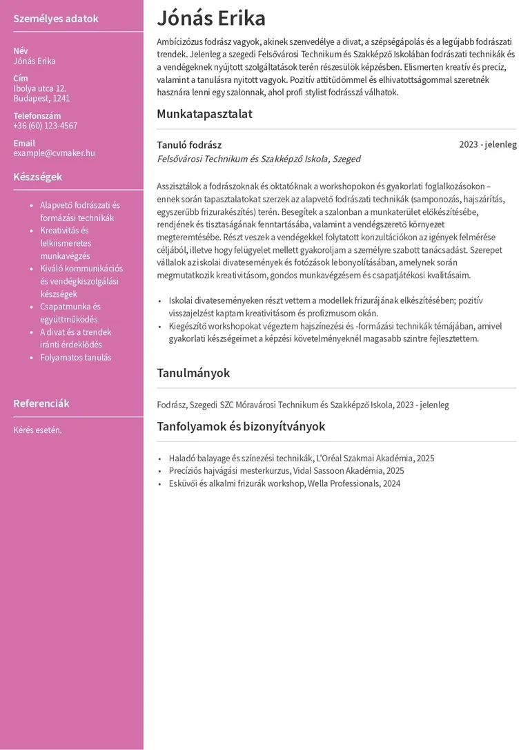 Fodrász önéletrajz minta munkatapasztalat nélkül