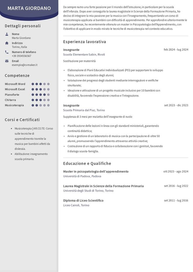Esempio di CV da insegnante
