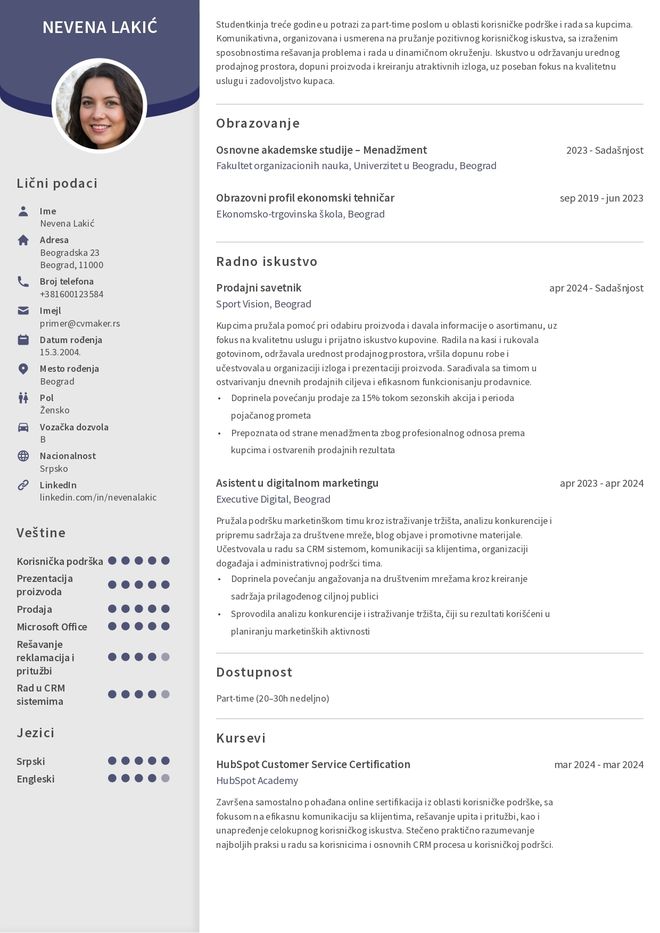 Primer CV-ja za part-time posao
