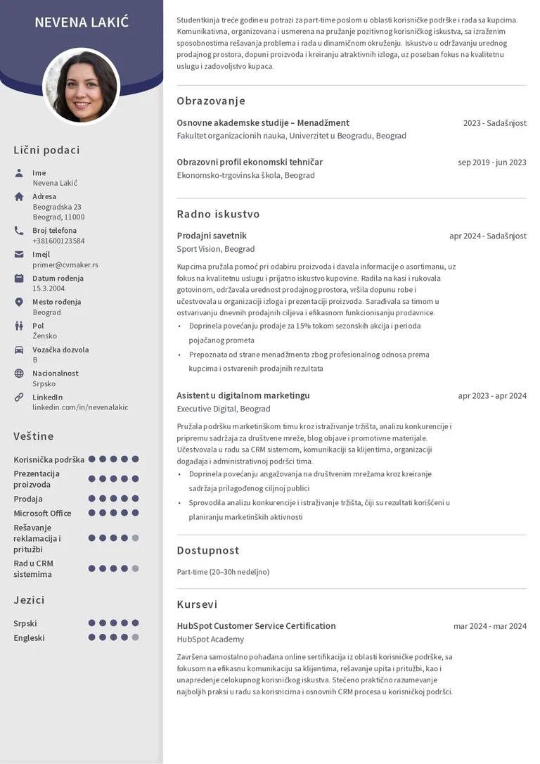 Primer CV-ja za part-time posao