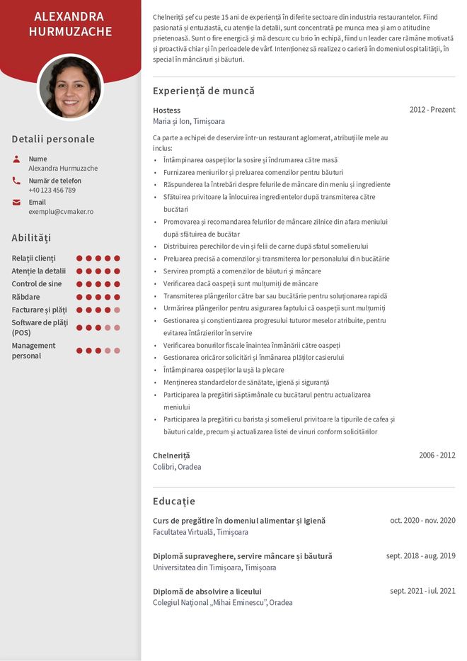 Exemplu de CV de chelner sau chelneriță din România