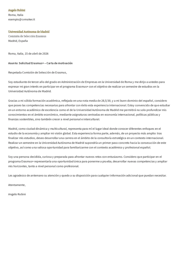 Lettera motivazionale Erasmus spagnolo: esempio