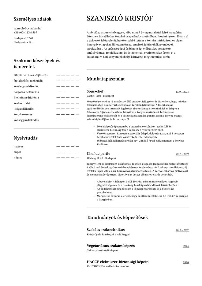Szakács önéletrajz minta