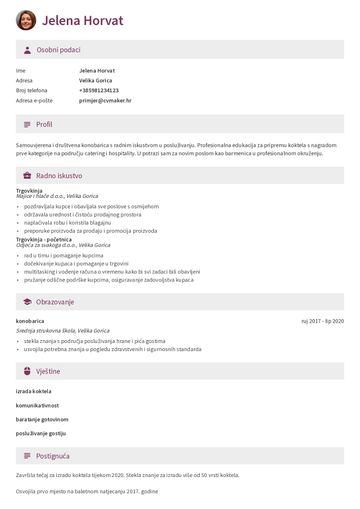 Primjer životopisa za barmena