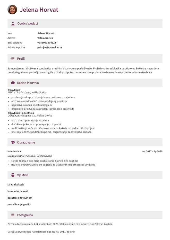 Primjer životopisa za barmena