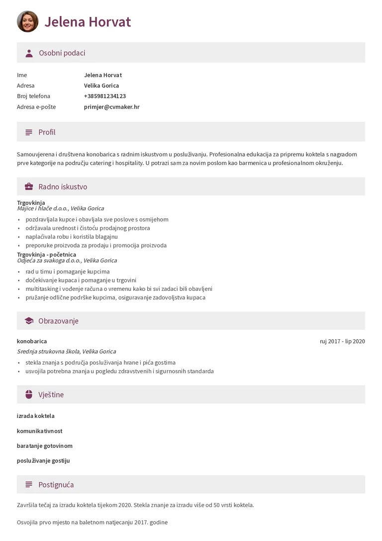 Primjer životopisa za barmena