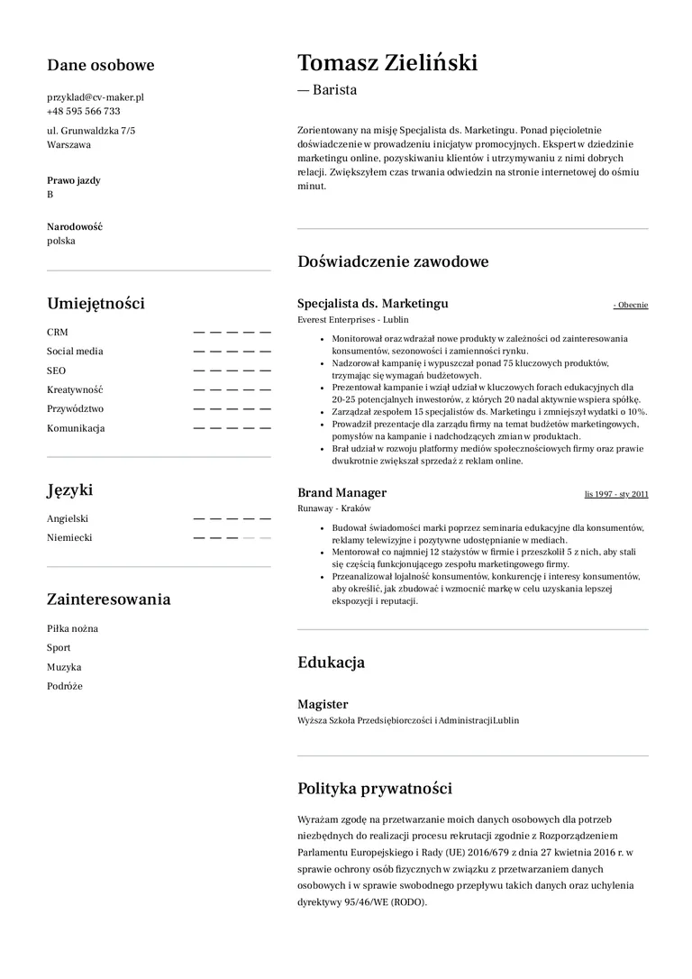 Toronto CV przyklad