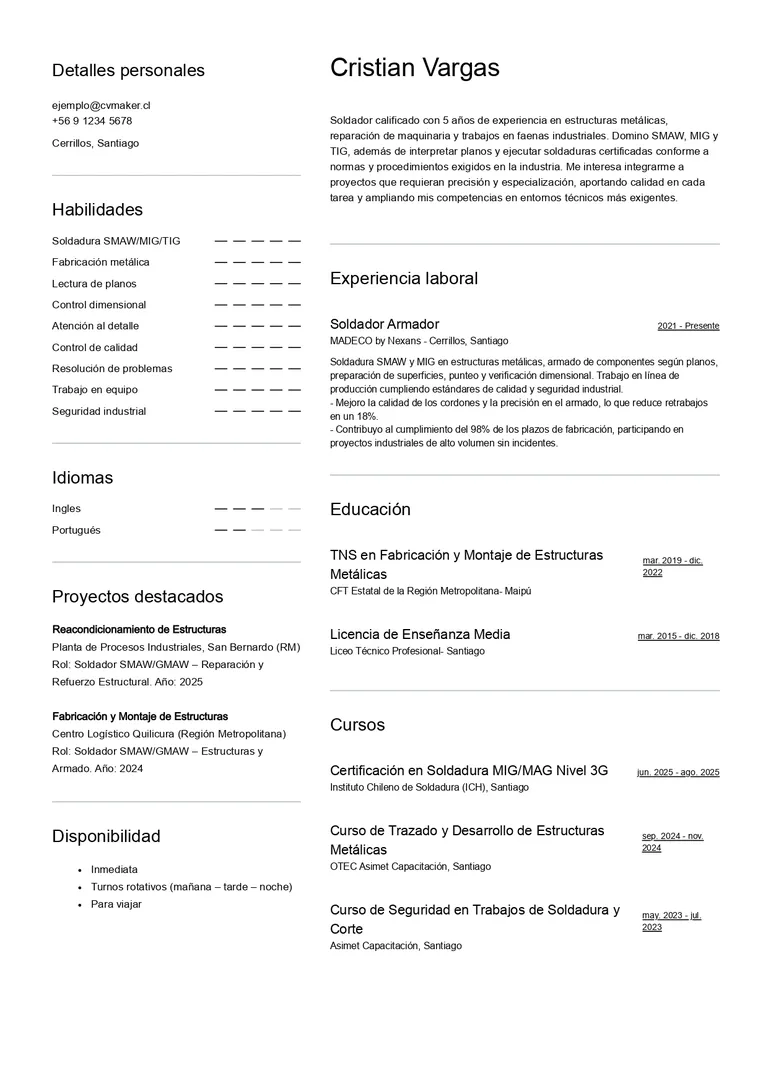 Ejemplo de CV de soldador