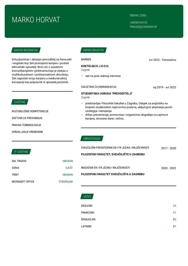 Primjer životopisa za promjenu karijere
