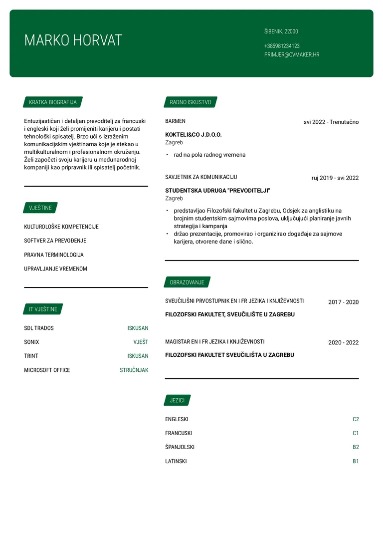Primjer životopisa za promjenu karijere