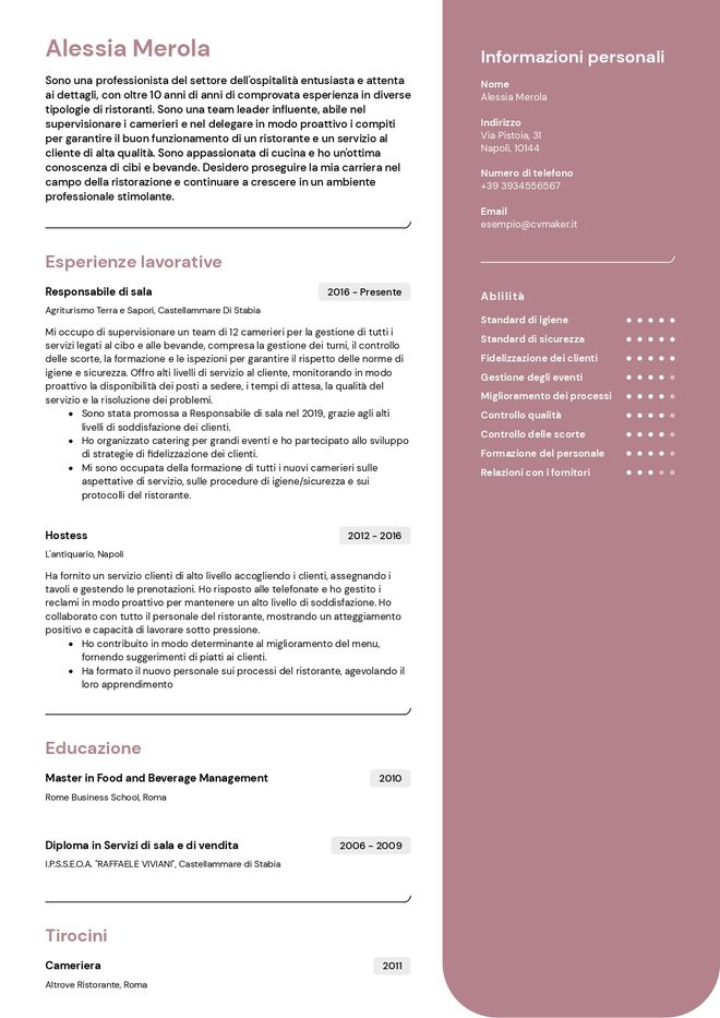 Esempio di curriculum per cameriere