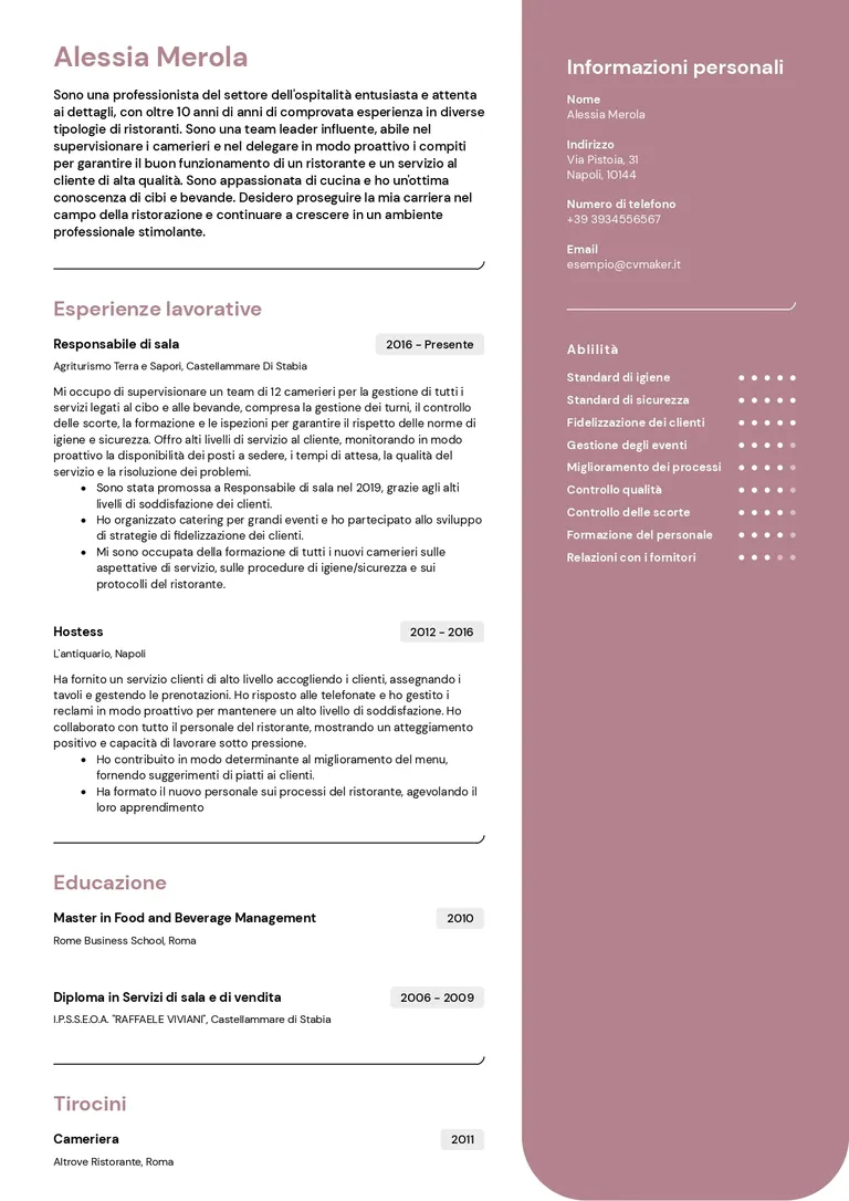 Esempio di curriculum per cameriere
