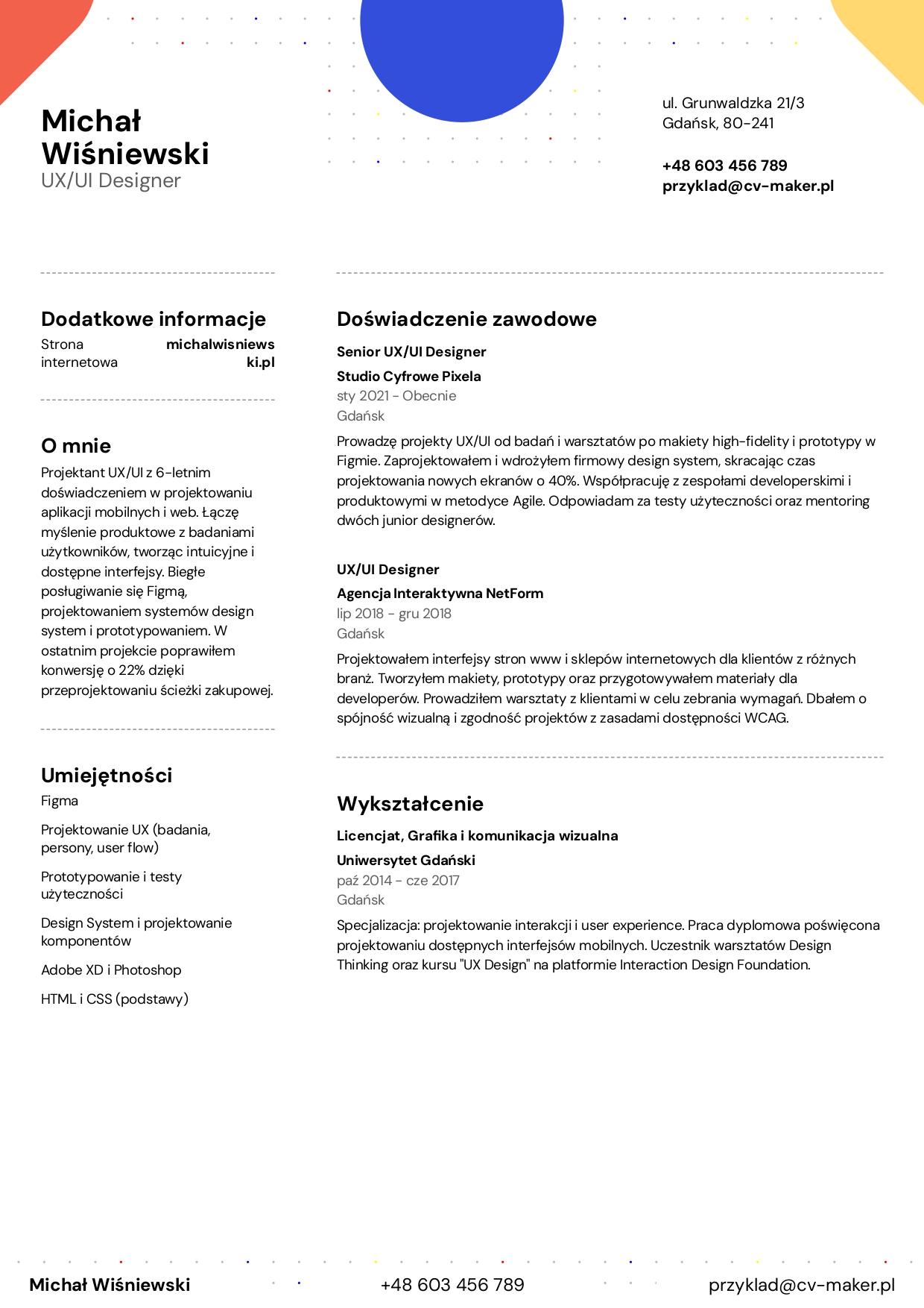 Przykład CV UX/UI Designera