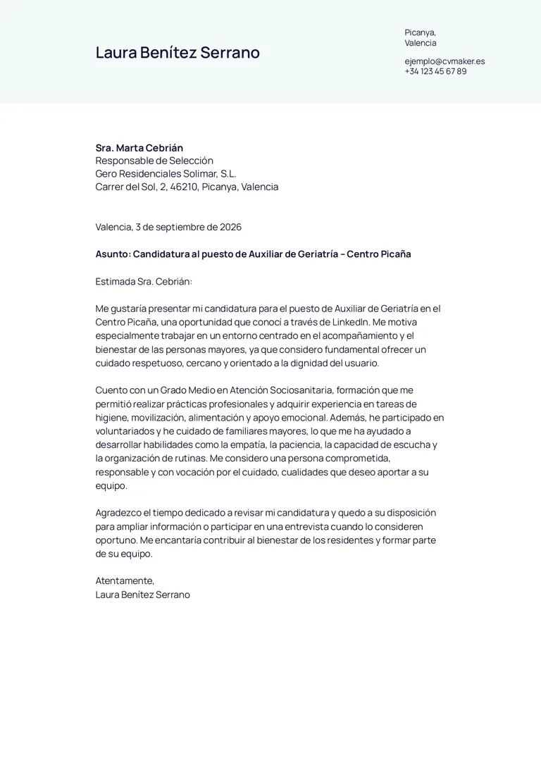 Ejemplo de una carta de presentación para cuidador de personas mayores sin experiencia