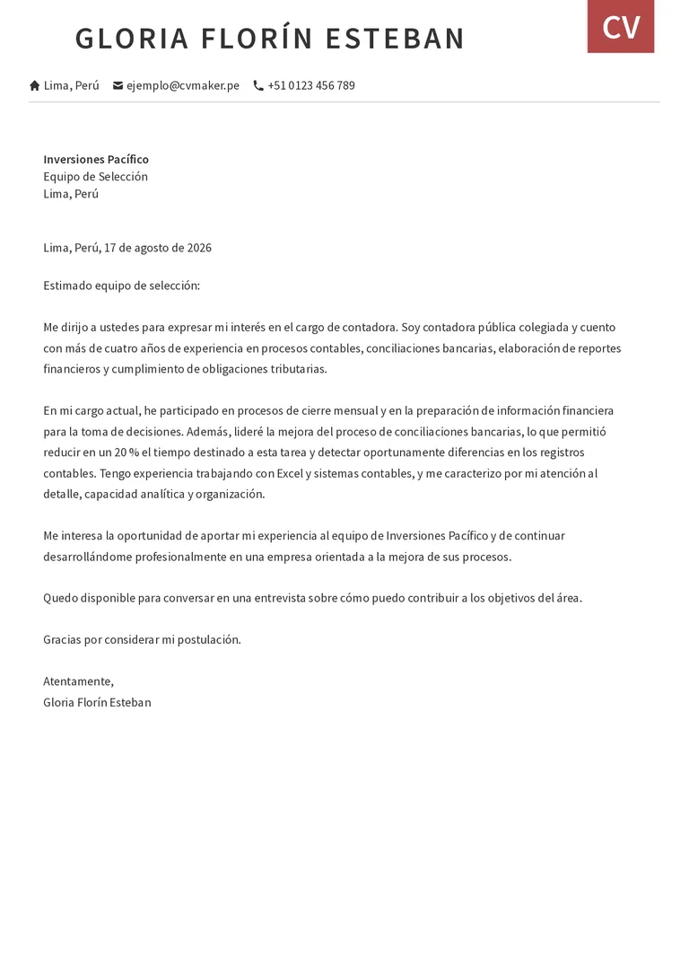 Ejemplo de carta de presentación para contador
