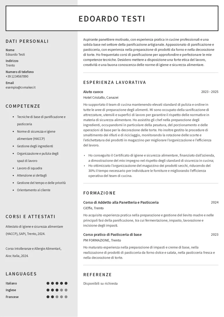 Esempio di CV per panettiere senza esperienza