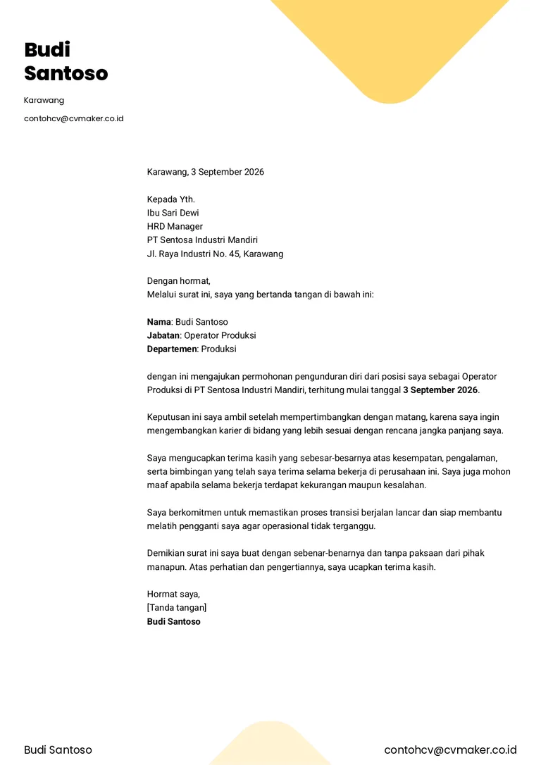Contoh surat pengunduran diri kerja pabrik