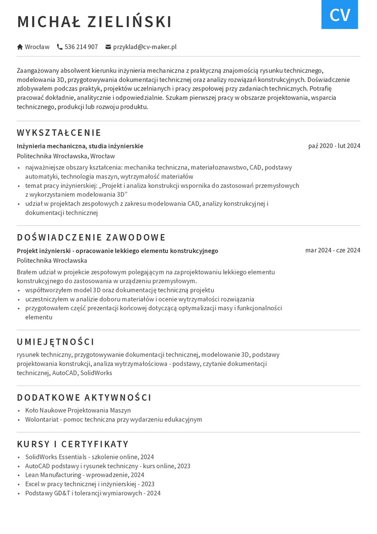 CV absolwenta kierunku inżynierii