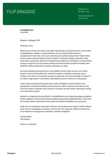 Primer kratkog propratnog pisma za baristu
