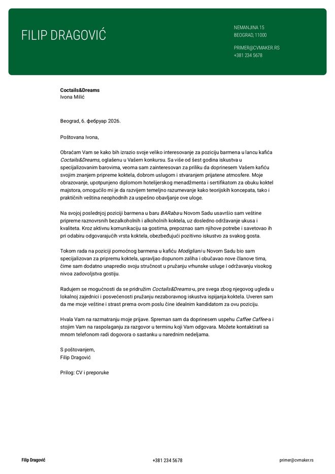 Primer kratkog propratnog pisma za baristu