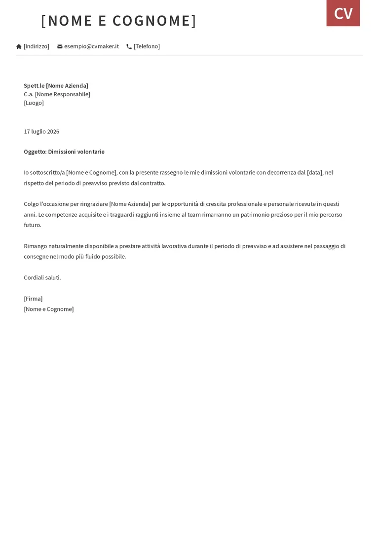 Lettera di dimissioni con tono riconoscente