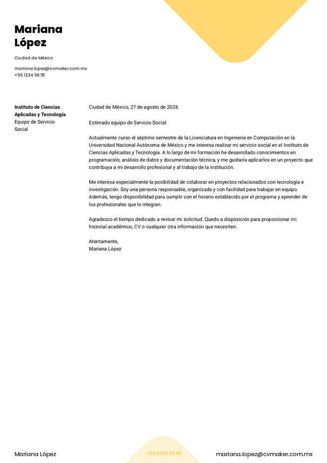 Ejemplo de carta de presentación para servicio social