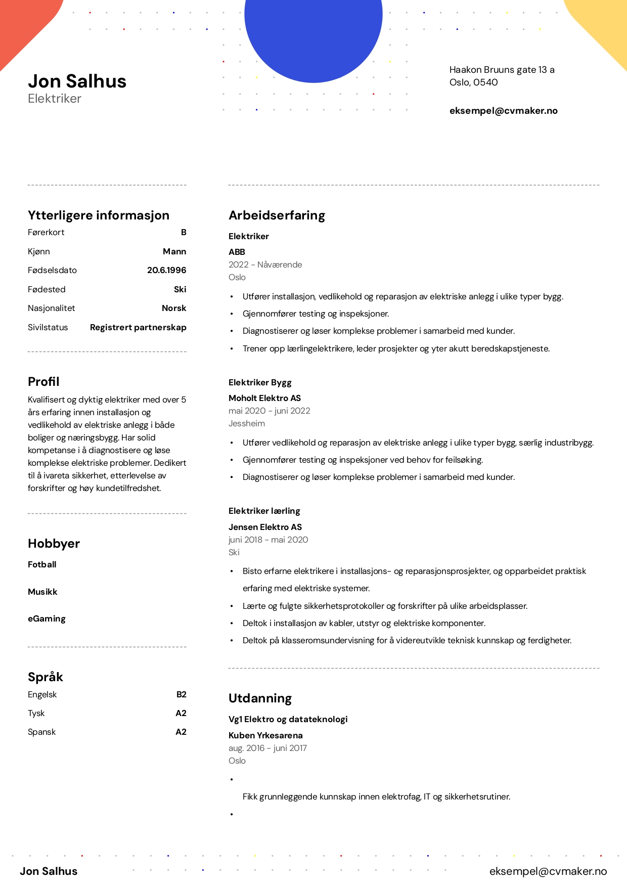 cv elektriker eksempel 1