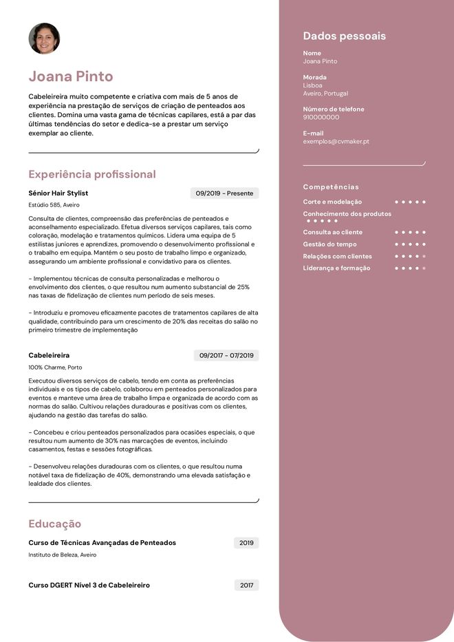 Exemplo de curriculum vitae de cabeleireira