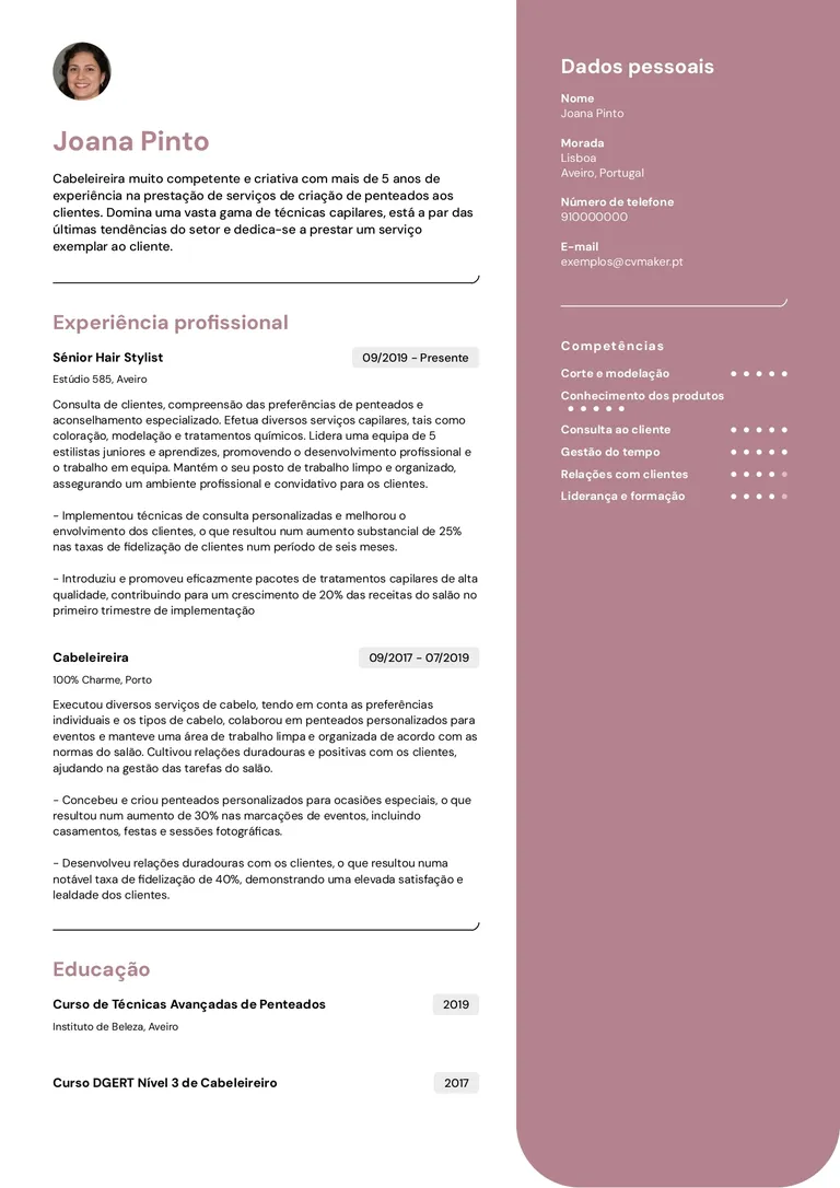 Exemplo de curriculum vitae de cabeleireira