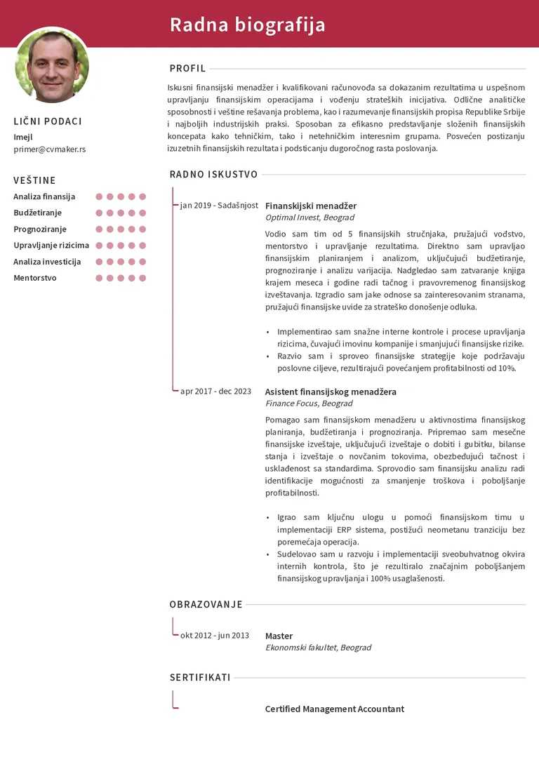 Primer CV-ja prilagođenog ATS sistemima za finansijskog stručnjaka