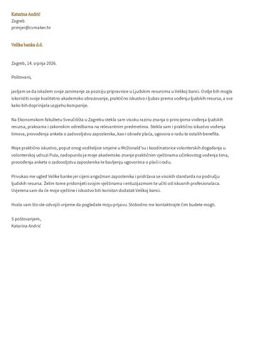 Primjer motivacijskog pisma za pripravnika