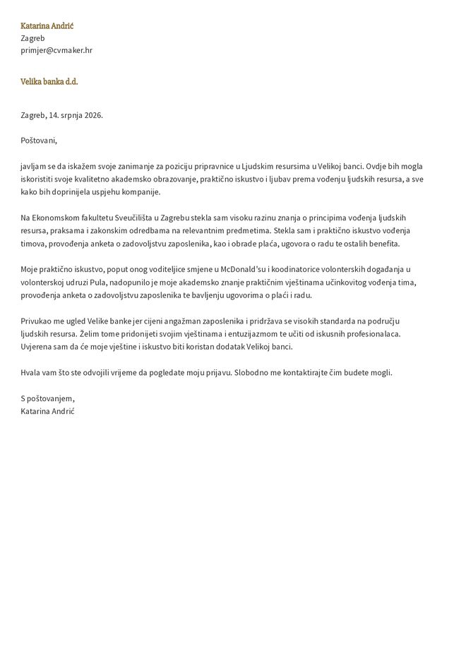 Primjer motivacijskog pisma za pripravnika