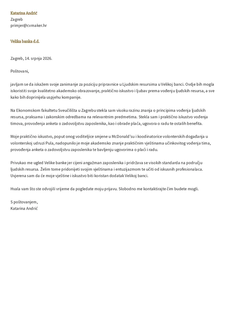 Primjer motivacijskog pisma za pripravnika