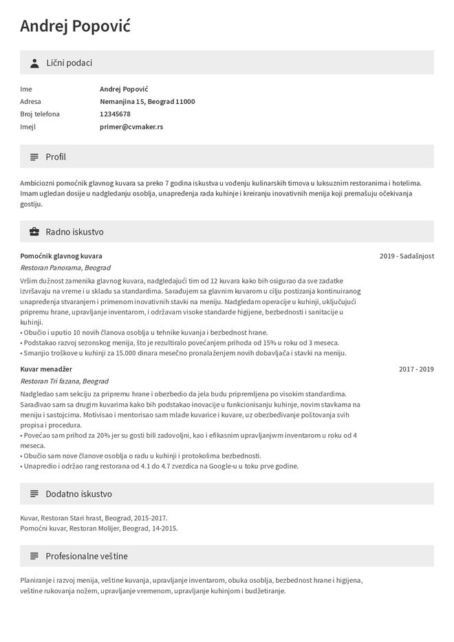 Primer CV-ja za kuvara