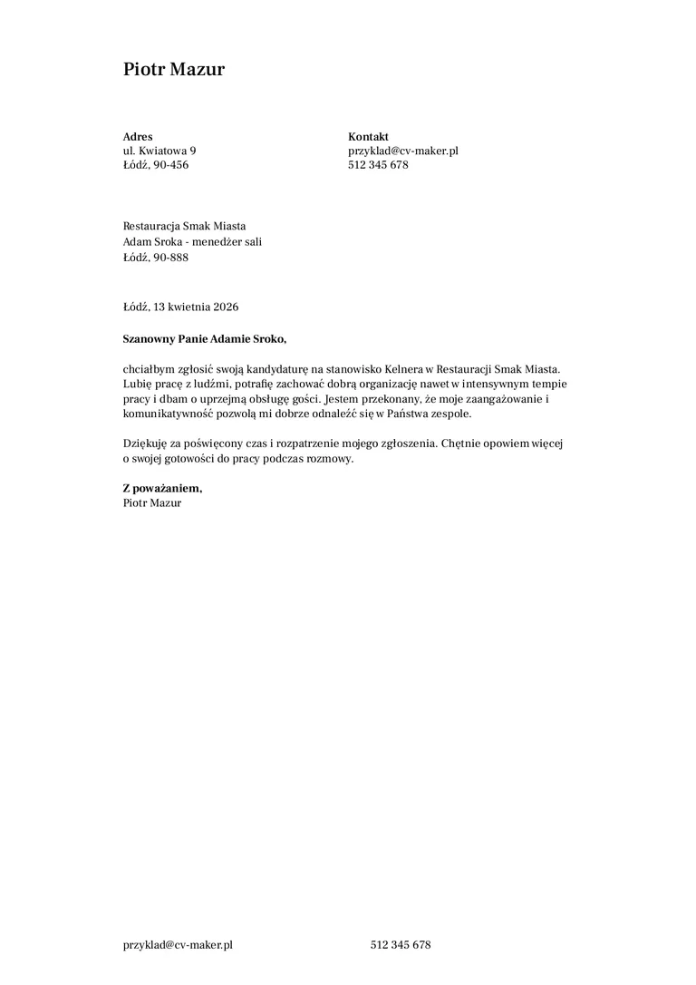 Przykład krótkiego listu motywacyjnego dla kelnera/kelnerki
